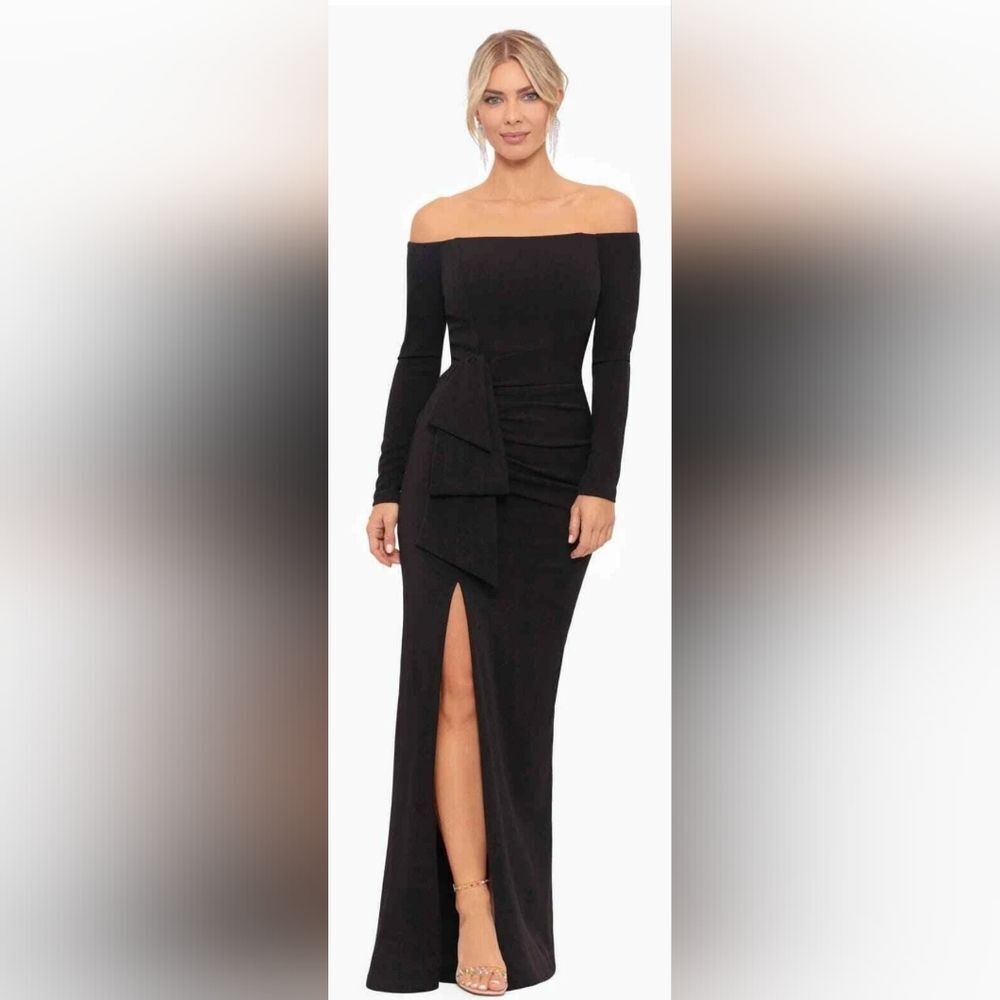 Xscape 5207X Strapless Long Sleeve Side Slit Column Gown NWT Size 16 Black
